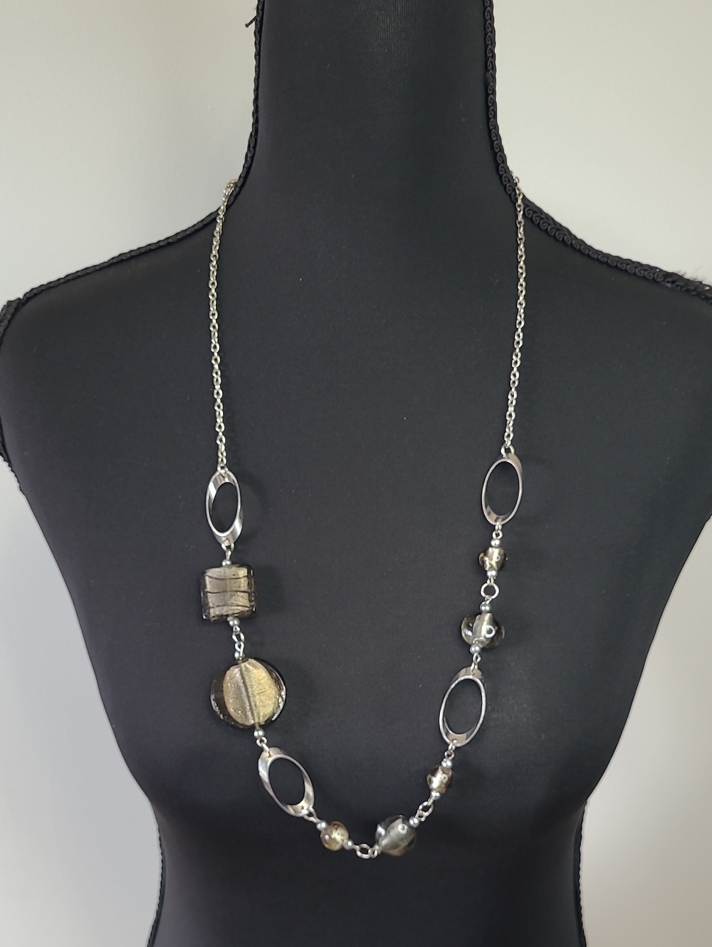 225 - Long Silver Necklace with Gold/Bronze-Accent Beads